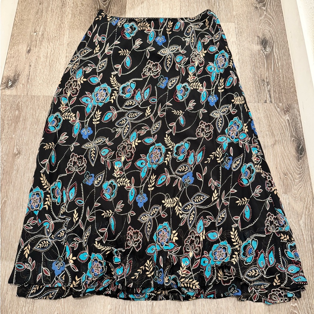 Style & Co Black Floral A-Line Midi Skirt Boho Print Pull-On Size 12